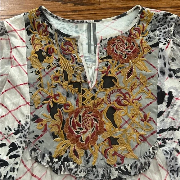 Anthropologie Embroidered Floral Patchwork Top - Picture 2 of 5